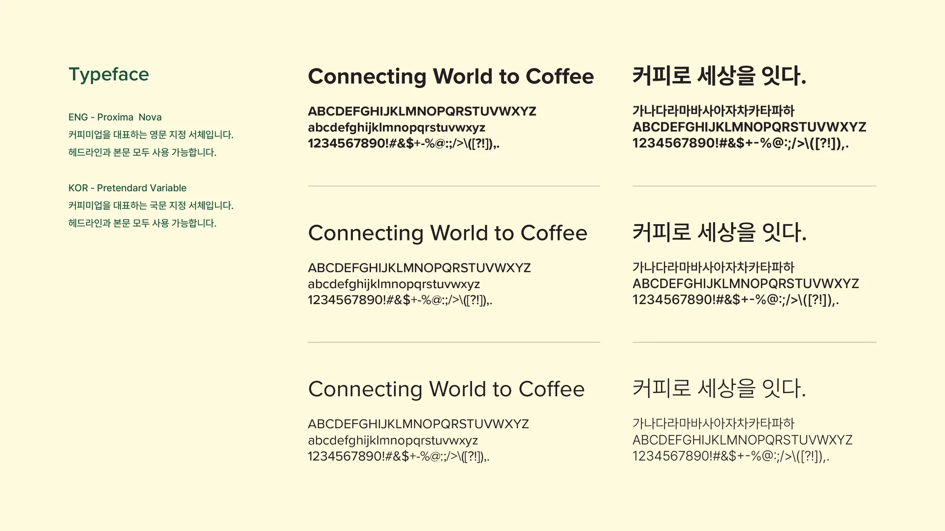 국문과 영문이 같은 무게로 읽히는 서체 조합. 서체 시스템 — 영문 Proxima Nova와 국문 Pretendard, 'Connecting World to Coffee'·'커피로 세상을 잇다' 견본