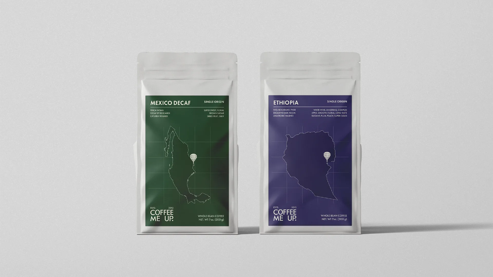 산지마다 다른 색, 같은 구조. 멕시코 디카페인과 에티오피아 원두 패키지 두 종