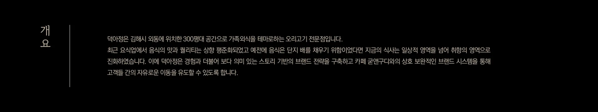 덕아정 브랜드의 핵심 가치와 철학을 담은 개요 텍스트로, 도심 속 자연을 지향하는 브랜드 정체성을 설명합니다. 덕아정 브랜드 개요 텍스트. 검은 배경에 밝은 회색 글씨로 브랜드 소개.