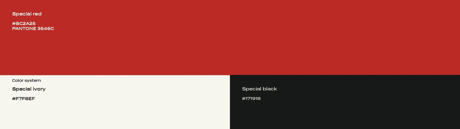 The core color palette forming Sammi-Teukdon brand's visual identity. Intense red, warm ivory, and sophisticated black harmonize. Sammi-Teukdon brand's core color system: Special Red, Ivory, and Black.