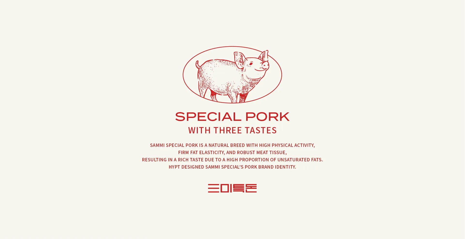 An image showcasing Sammi Teukdon's core brand identity, featuring a pig illustration and text explaining the brand's uniqueness. Sammi Teukdon pig illustration, brand name, and description text on ivory backgr