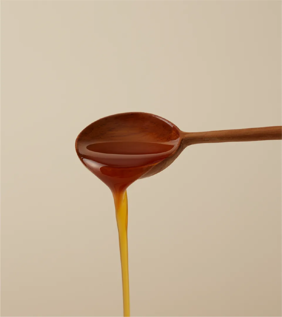 A moment capturing the deep, rich golden hue of SESAM Oil House's sesame oil, crafted with 25 years of expertise. Golden sesame oil gently pouring from a wooden spoon