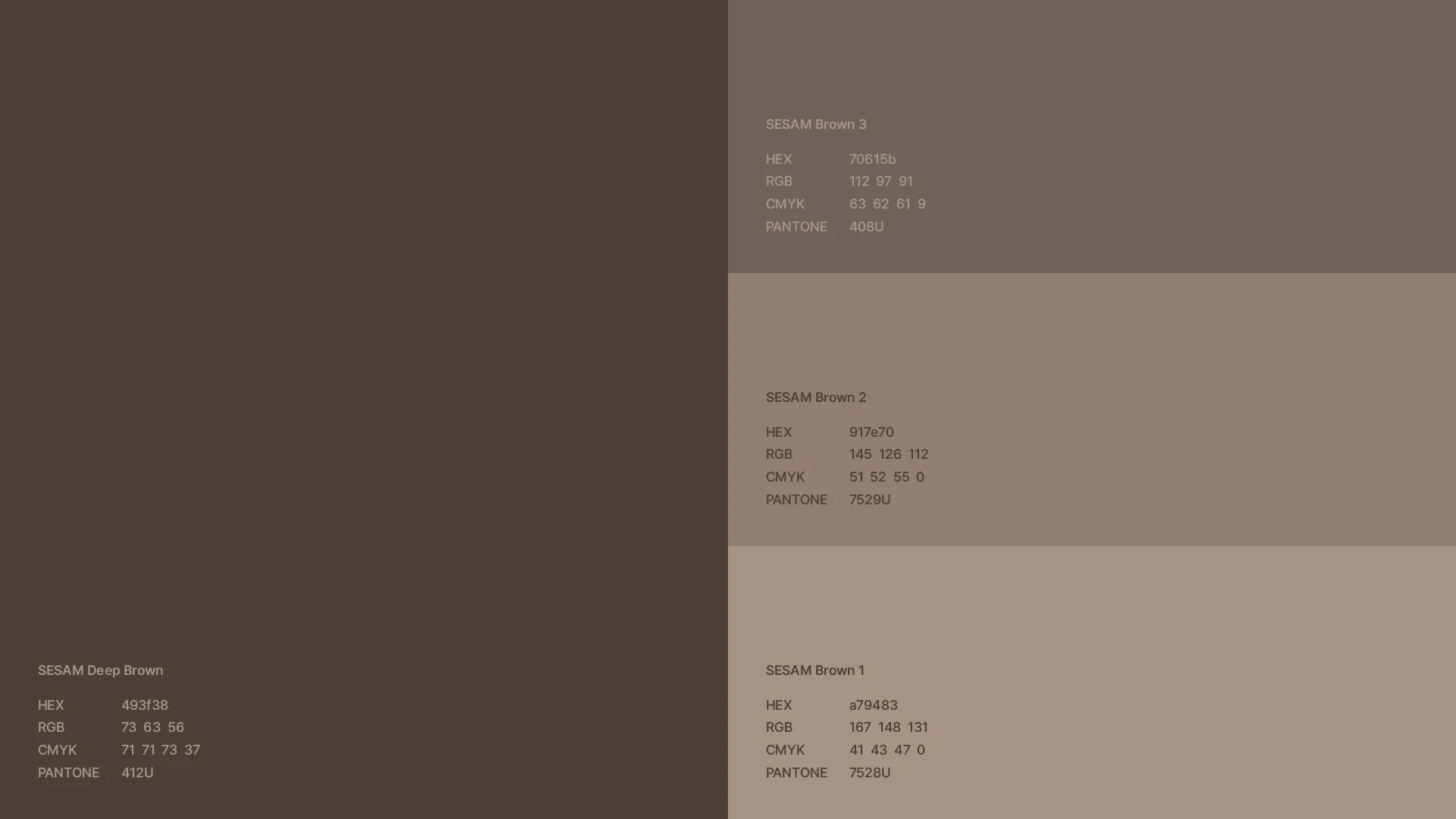 The core brown color system expressing SESAM Oil House's honest and simple brand identity. SESAM Oil House brown brand color palette with detailed color information.